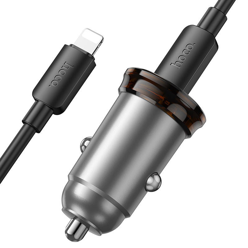 Chargeur de voiture avec câble Lightning HOCO NZ16B, 45W, 3A, 2 x USB-C, Gris