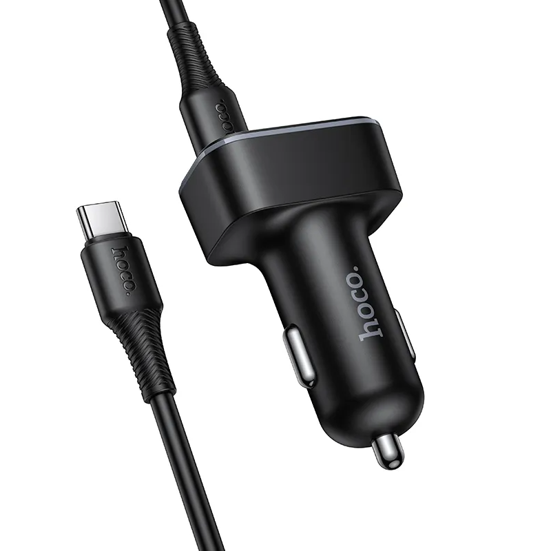 Chargeur de voiture avec câble USB-C HOCO Z63B Display, 48W, 3A, 1 x USB-A - 1 x USB-C, Noir