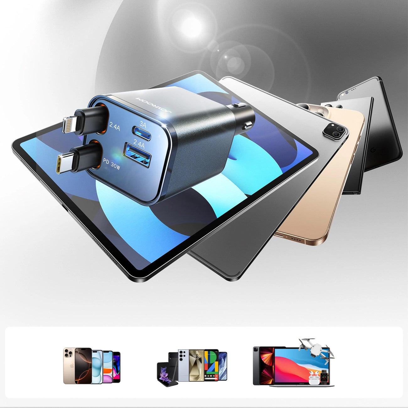 Autolader met USB-C / Lightning Kabel Joyroom JR-CCL05, 30W, 3A, 1 x USB-A - 1 x USB-C, Gri