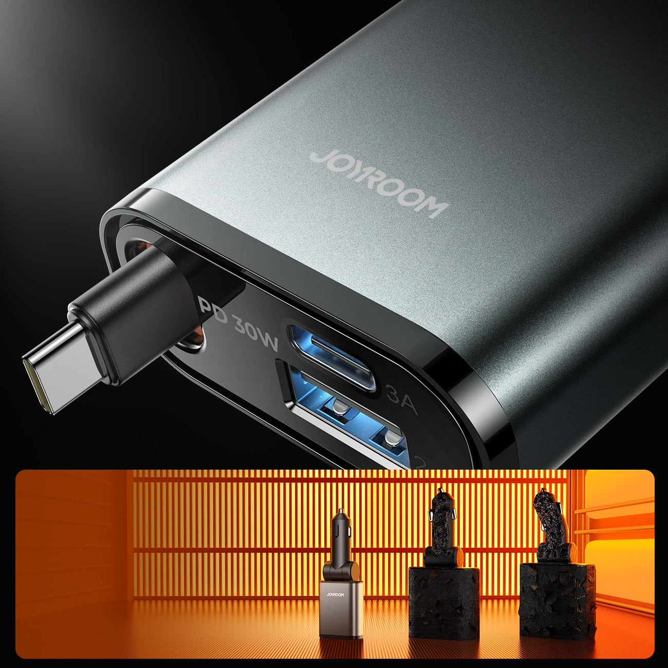 Chargeur de voiture avec câble USB-C Joyroom JR-CCL07, 30W, 3A, 1 x USB-A - 1 x USB-C, Gris