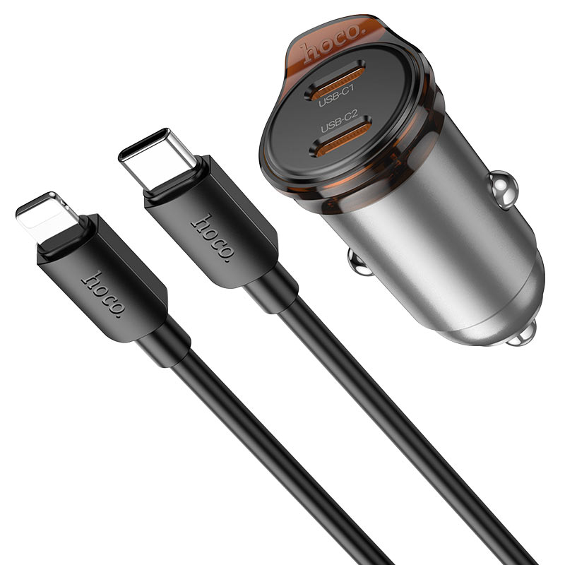 Chargeur de voiture avec câble Lightning HOCO NZ16B, 45W, 3A, 2 x USB-C, Gris
