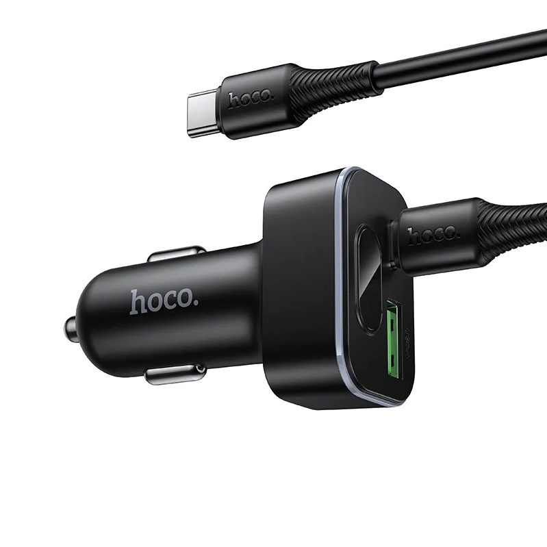Chargeur de voiture avec câble USB-C HOCO Z63B Display, 48W, 3A, 1 x USB-A - 1 x USB-C, Noir