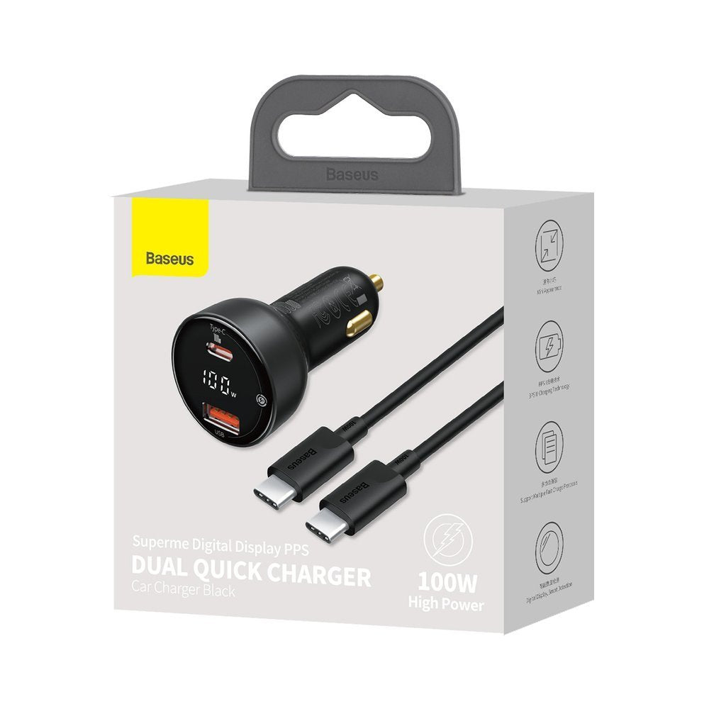 Auto-oplader met USB-C kabel Baseus Superme, 100W, 5A, 1 x USB-A - 1 x USB-C, Zwart TZCCZX-01