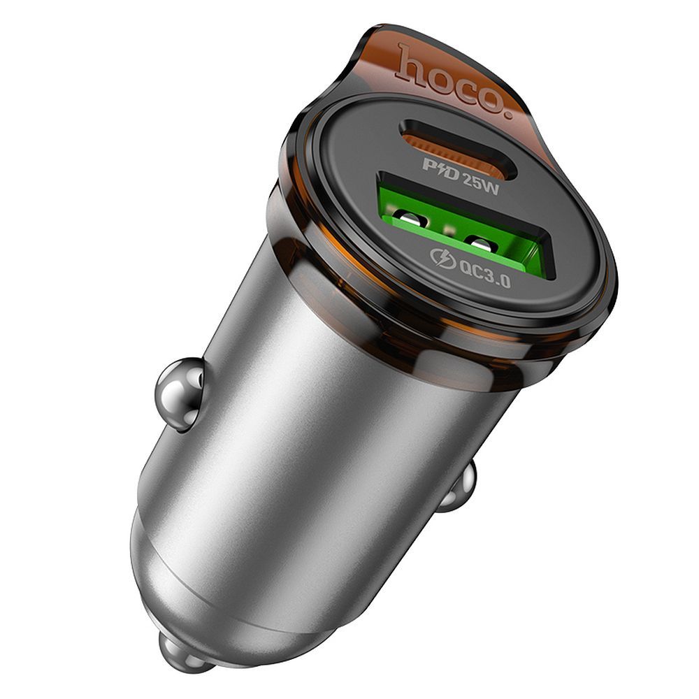 Auto-oplader met USB-C kabel HOCO NZ16A, 43W, 3A, 1 x USB-A - 1 x USB-C, Gri