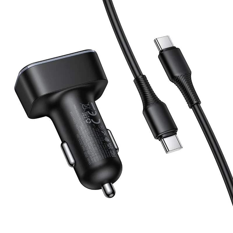Chargeur de voiture avec câble USB-C HOCO Z63B Display, 48W, 3A, 1 x USB-A - 1 x USB-C, Noir