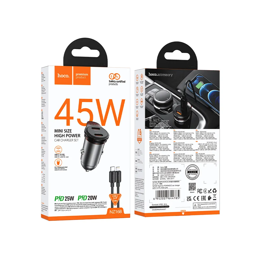 Chargeur de voiture avec câble Lightning HOCO NZ16B, 45W, 3A, 2 x USB-C, Gris
