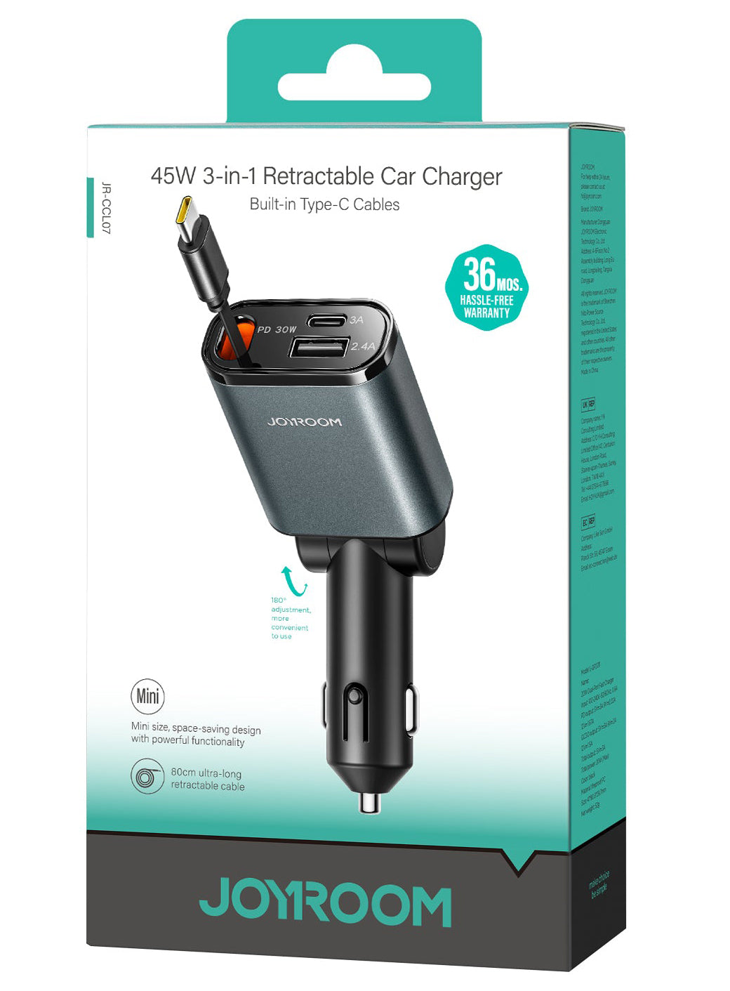Autolader met USB-C Kabel Joyroom JR-CCL07, 30W, 3A, 1 x USB-A - 1 x USB-C, Gri