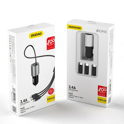 Chargeur Auto Avec Câble Lightning / microUSB / USB-C Dudao R5ProN, 17W, 3.4A, 1 x USB-A, Noir