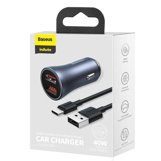 Chargeur de voiture avec câble USB-C Baseus Golden Contactor Pro Dual, 40W, 3A, 2 x USB-A, Gris TZCCJD-A0G