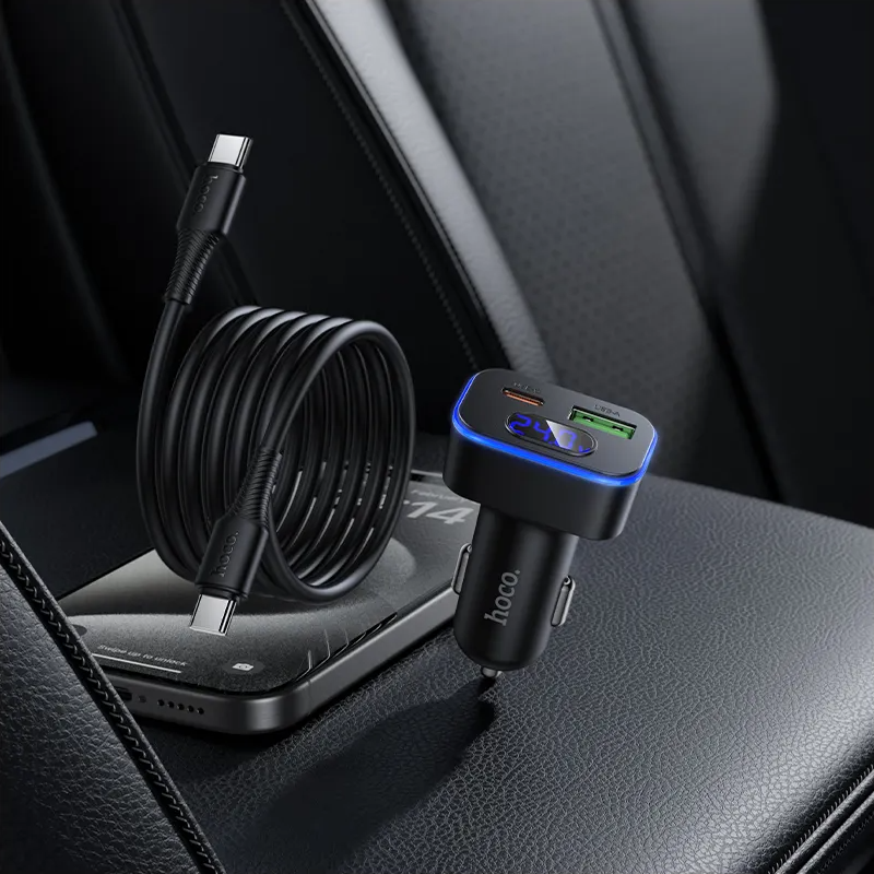 Chargeur de voiture avec câble USB-C HOCO Z63B Display, 48W, 3A, 1 x USB-A - 1 x USB-C, Noir