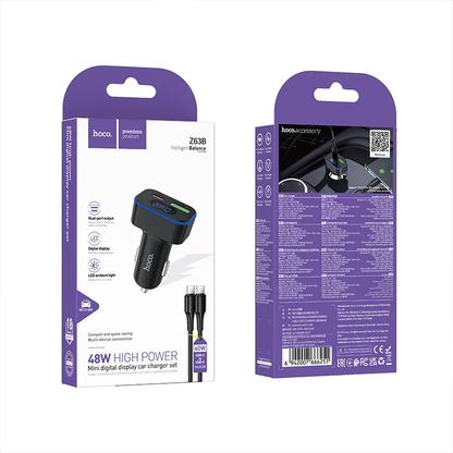 Chargeur de voiture avec câble USB-C HOCO Z63B Display, 48W, 3A, 1 x USB-A - 1 x USB-C, Noir