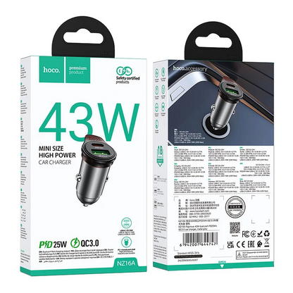 Auto-oplader met USB-C kabel HOCO NZ16A, 43W, 3A, 1 x USB-A - 1 x USB-C, Gri