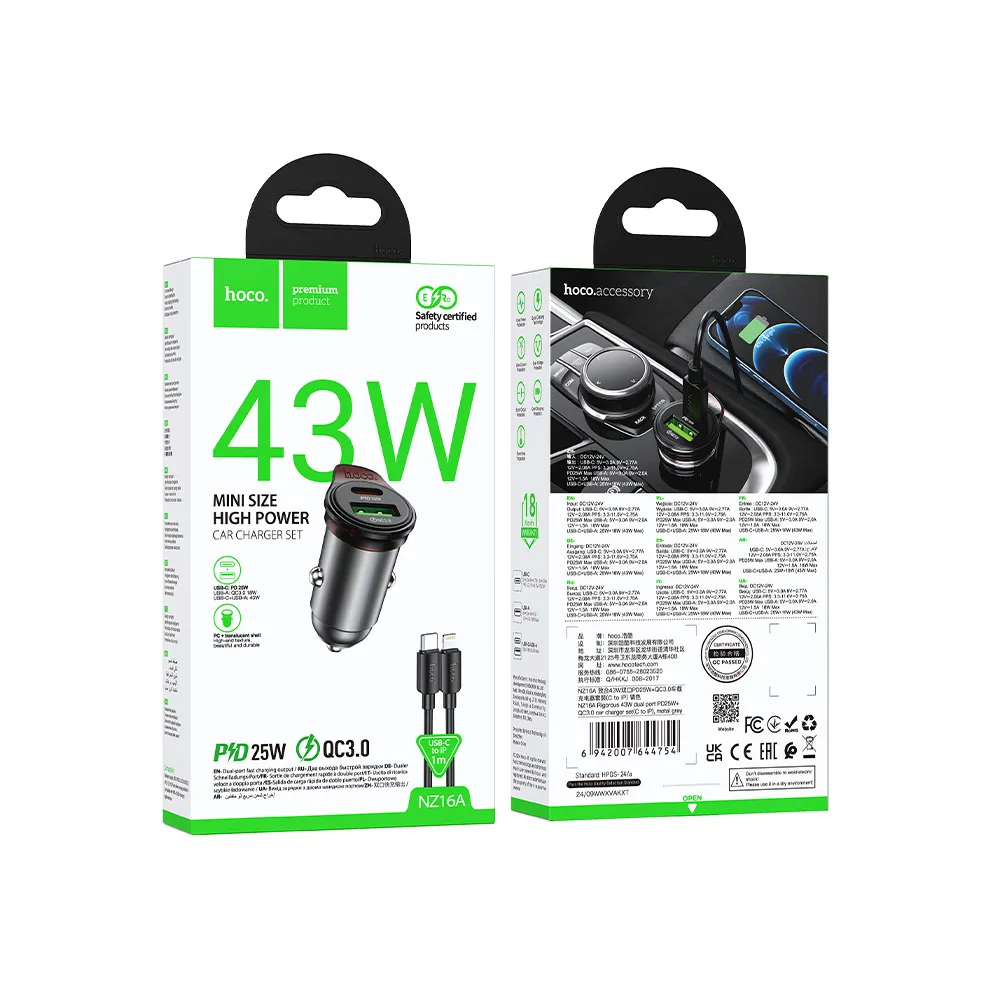 Auto-oplader met Lightning-kabel HOCO NZ16A, 43W, 3A, 1 x USB-A - 1 x USB-C, Gri
