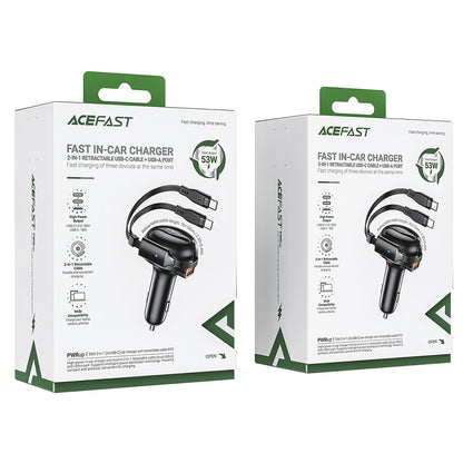 Auto-oplader met USB-C kabel Acefast B13, 53W, 3A, 1 x USB-A, Zwart