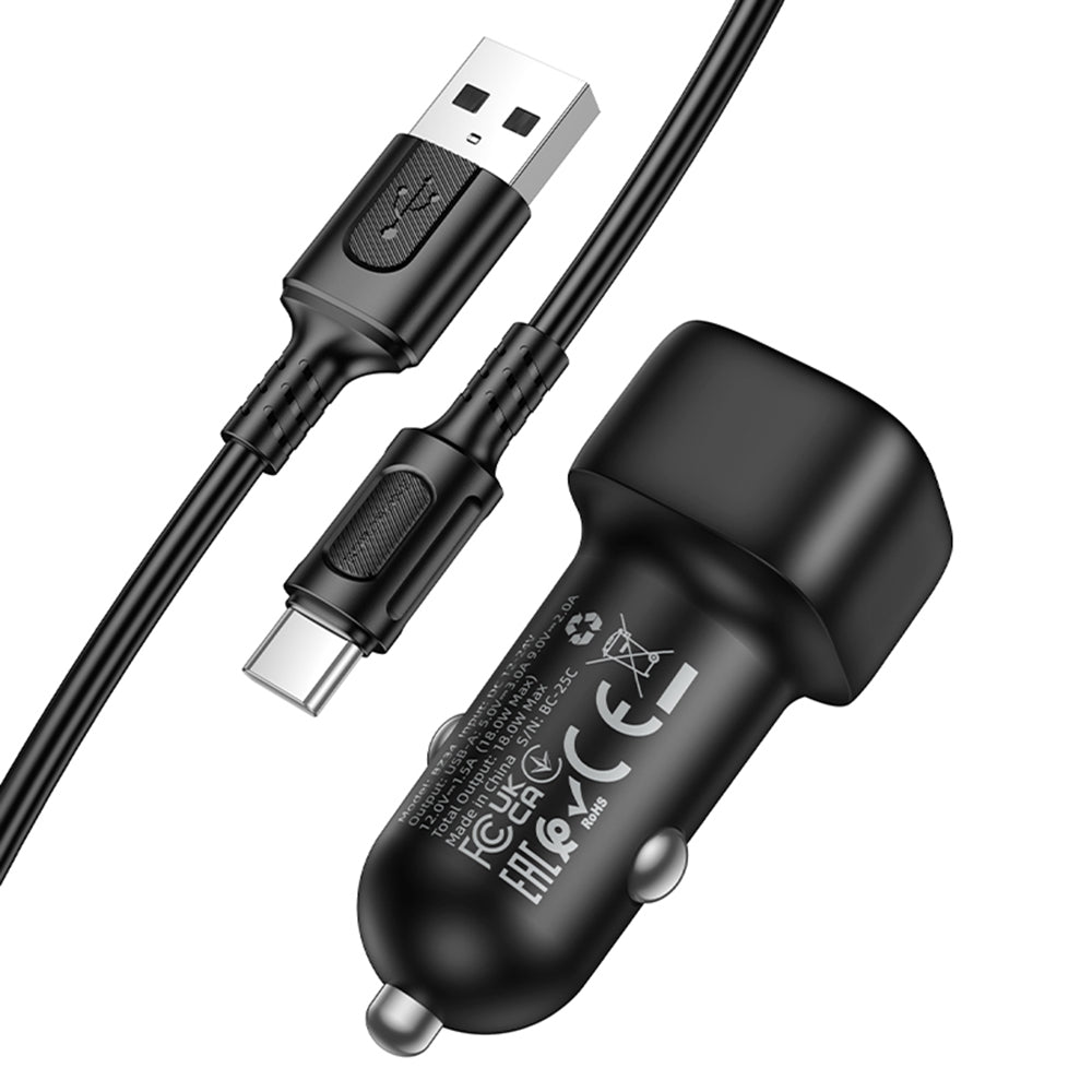 Autolader met USB-C Kabel Borofone BZ34 Cloud, 18W, 3A, 1 x USB-A, Zwart