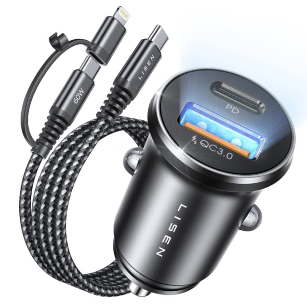 Chargeur de voiture avec câble USB-C / Lightning Lisen, 48W, 3A, 1 x USB-A - 1 x USB-C, Noir YL0223080035