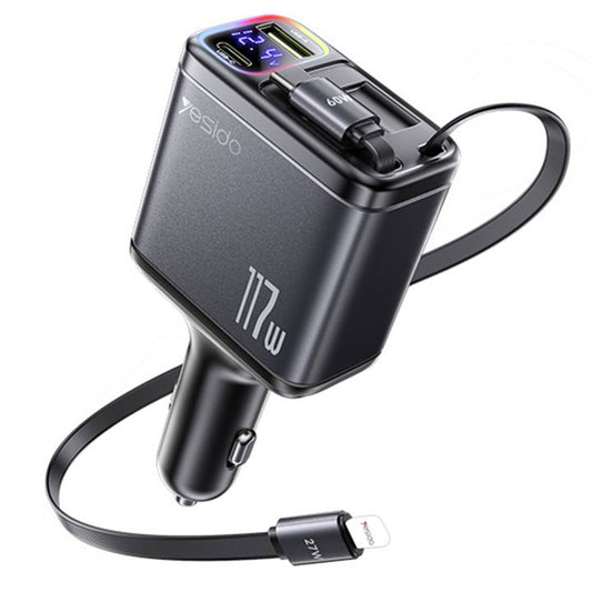Chargeur de voiture avec câble USB-C / Lightning Yesido Y63 Display, 117W, 3A, 1 x USB-A - 1 x USB-C, Gris