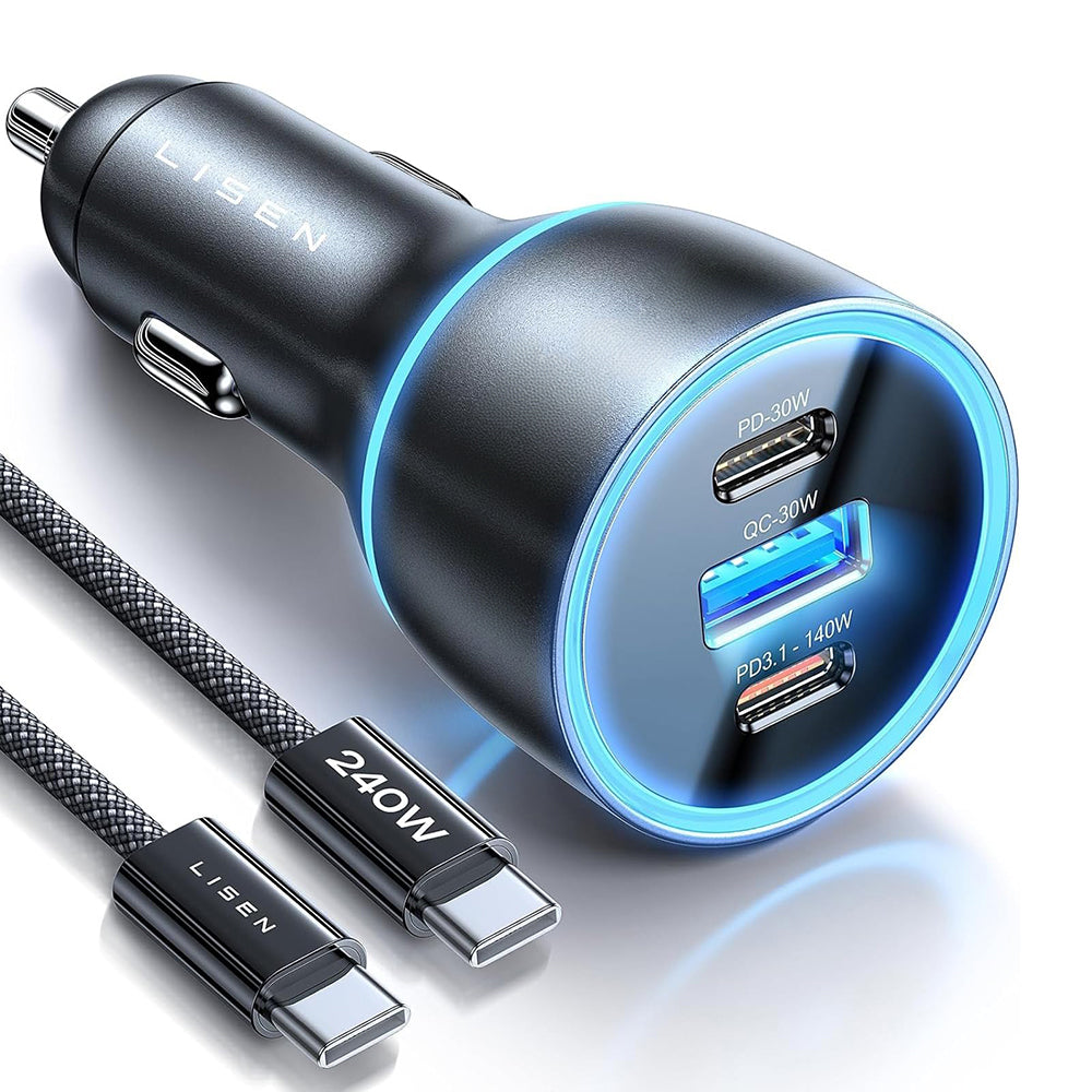 Chargeur de voiture avec câble USB-C Lisen, 170W, 5A, 1 x USB-A - 2 x USB-C, Noir YL0224010001