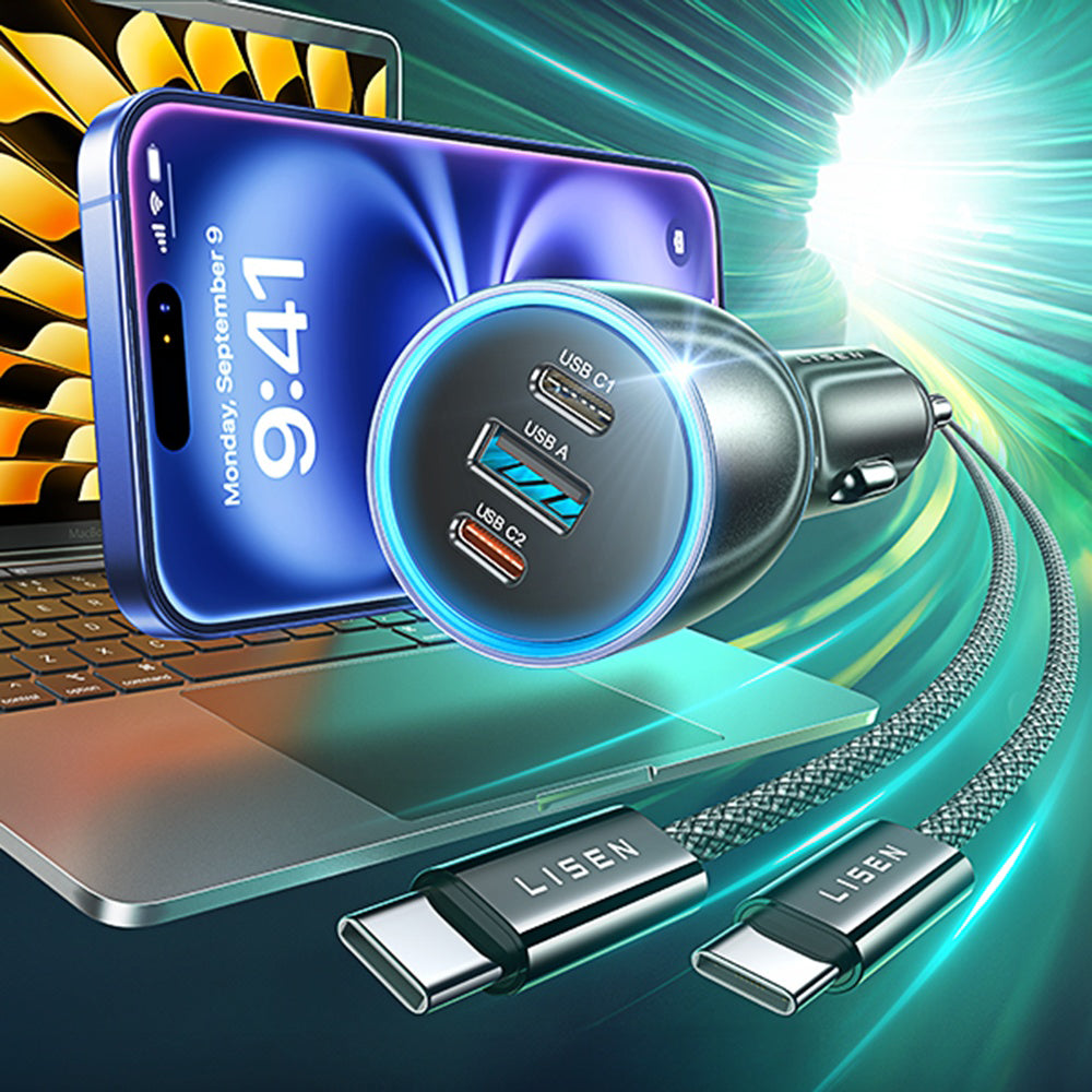 Auto-Ladegerät mit USB-C Kabel Lisen, 170W, 5A, 1 x USB-A - 2 x USB-C, Schwarz YL0225060006