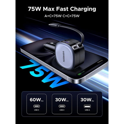 Autolader met USB-C Kabel UGREEN EC601, 75W, 3A, 1 x USB-A - 1 x USB-C, Gri