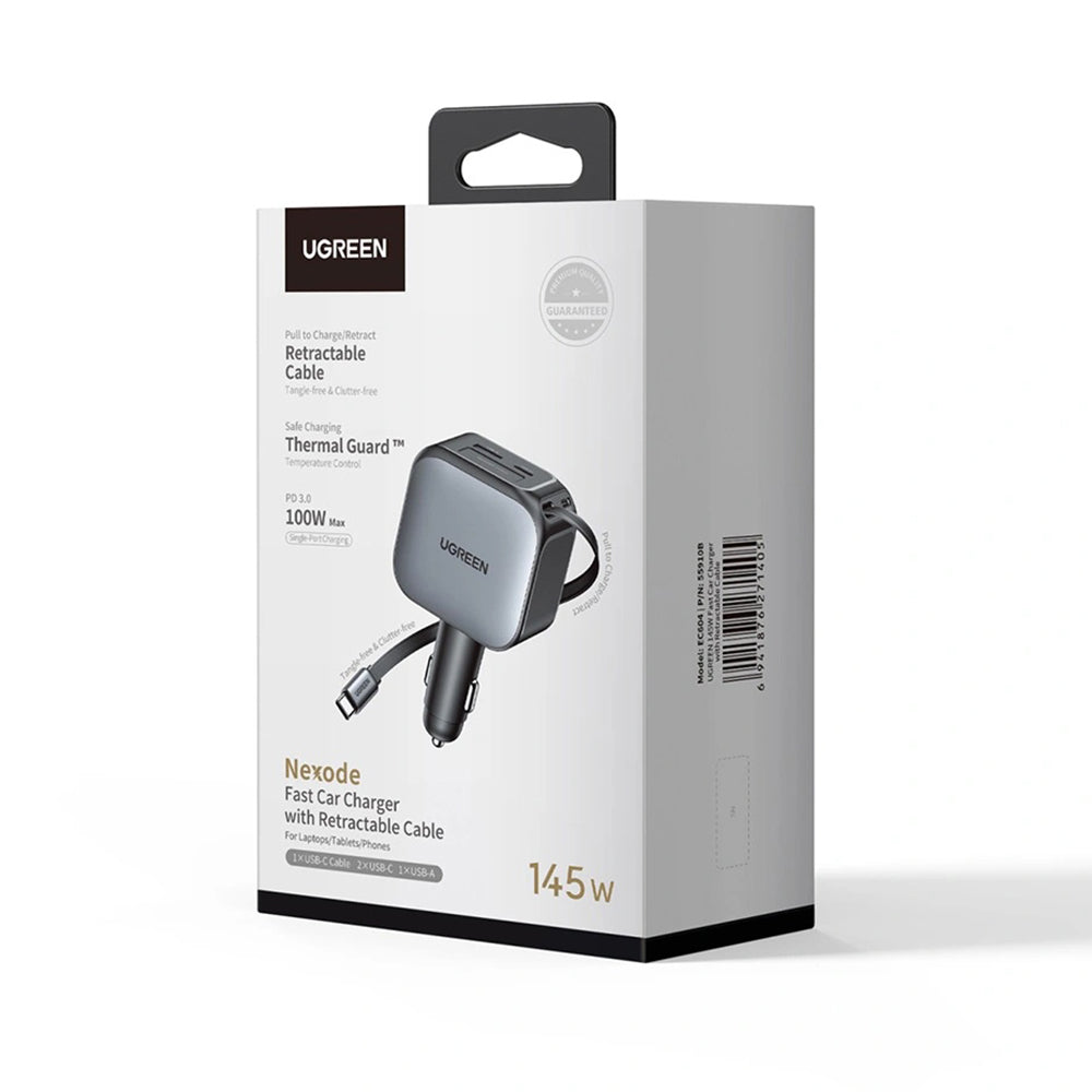 Chargeur de voiture avec câble USB-C UGREEN EC604 (55910B) Nexode, 145W, 1 x USB-A - 2 x USB-C, Noir