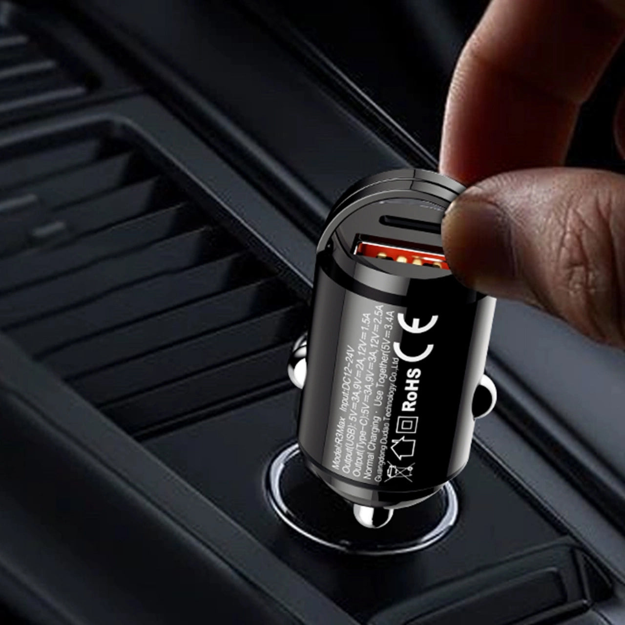 Auto-oplader Dudao R3MAX, 48W, 3A, 1 x USB-A - 1 x USB-C, Zwart