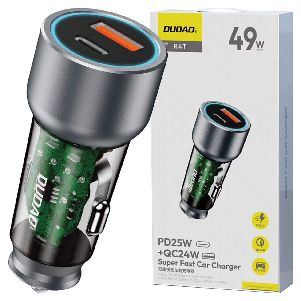 Autolader Dudao R4T, 30W, 3A, 1 x USB-A - 1 x USB-C, Grijs 