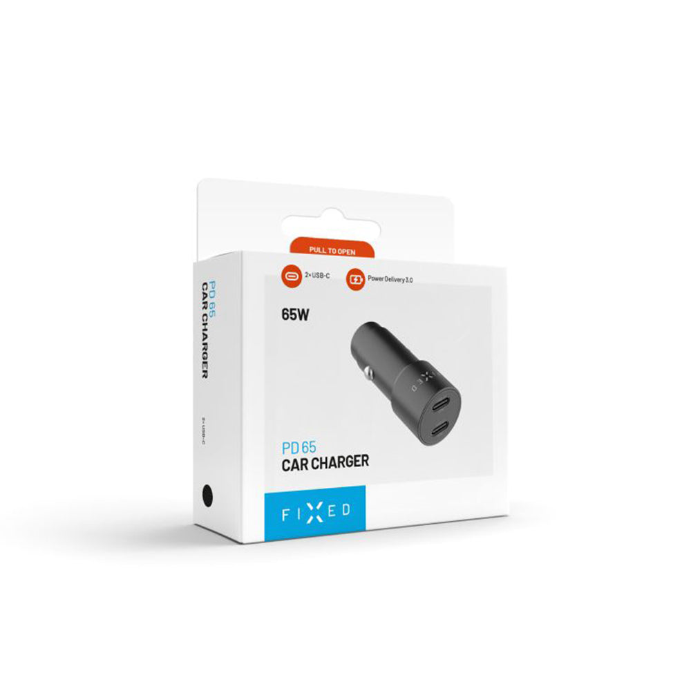 Auto Oplader Fixed, 65W, 3A, 2 x USB-C, Zwart