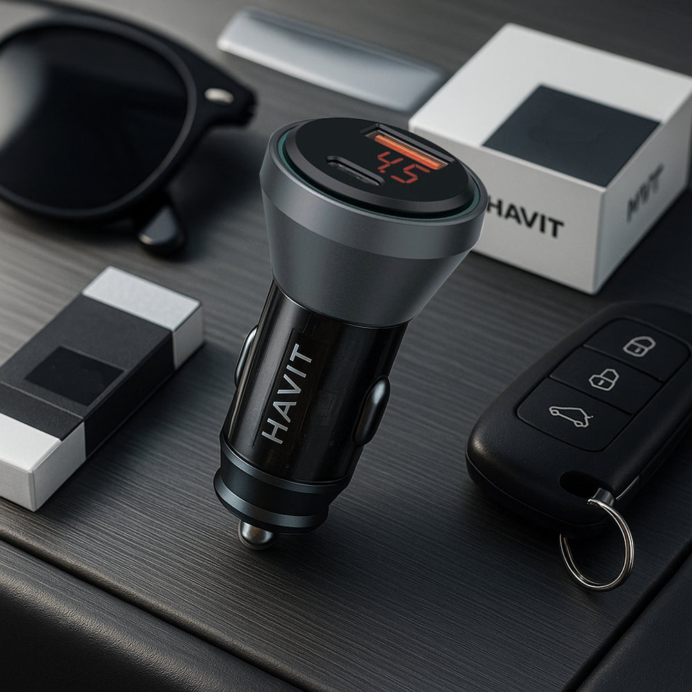 Auto-oplader HAVIT CC2017, 45W, 3A, 1 x USB-A - 1 x USB-C, Zwart Blauw