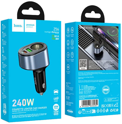 Auto-oplader HOCO Z56, 35W, 3A, 1 x USB-A - 1 x USB-C - 1 x Sigarettenaanstekeruitbreiding, Zwart