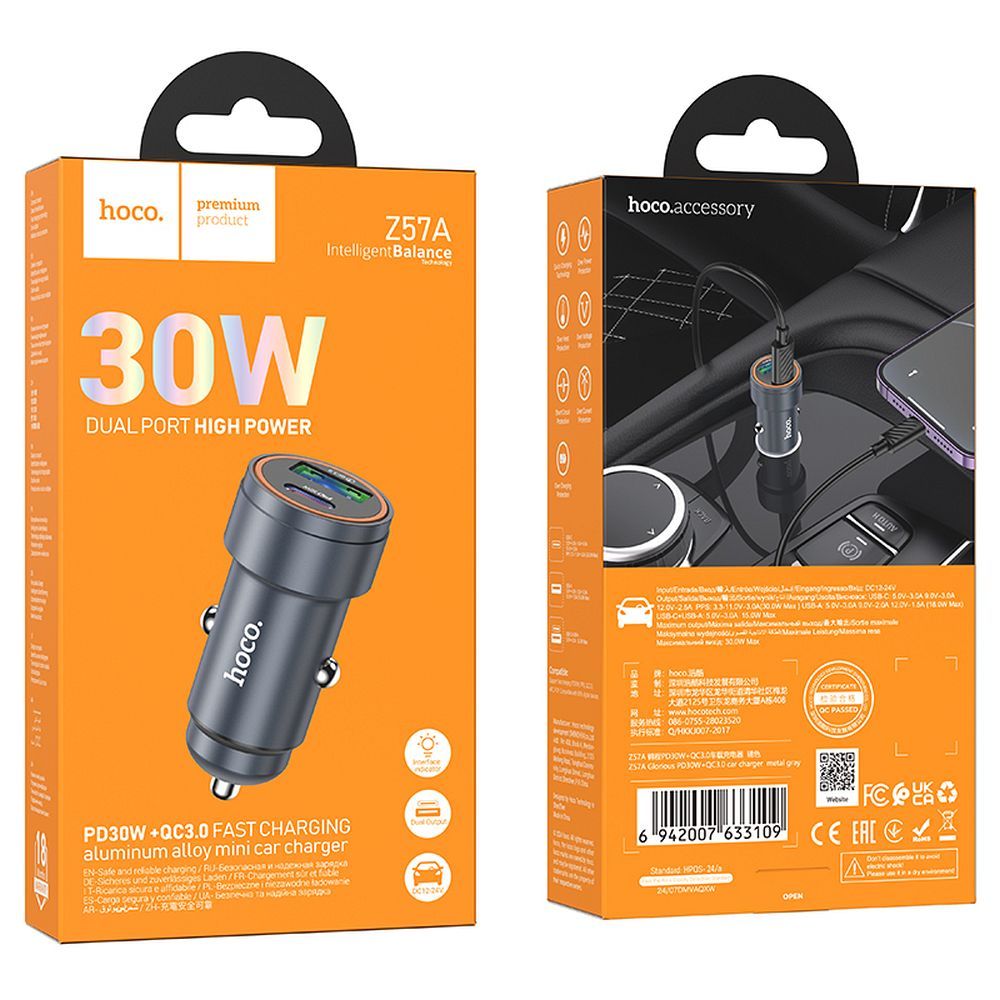 Auto-oplader HOCO Z57A, 30W, 3A, 1 x USB-A - 1 x USB-C, Gri