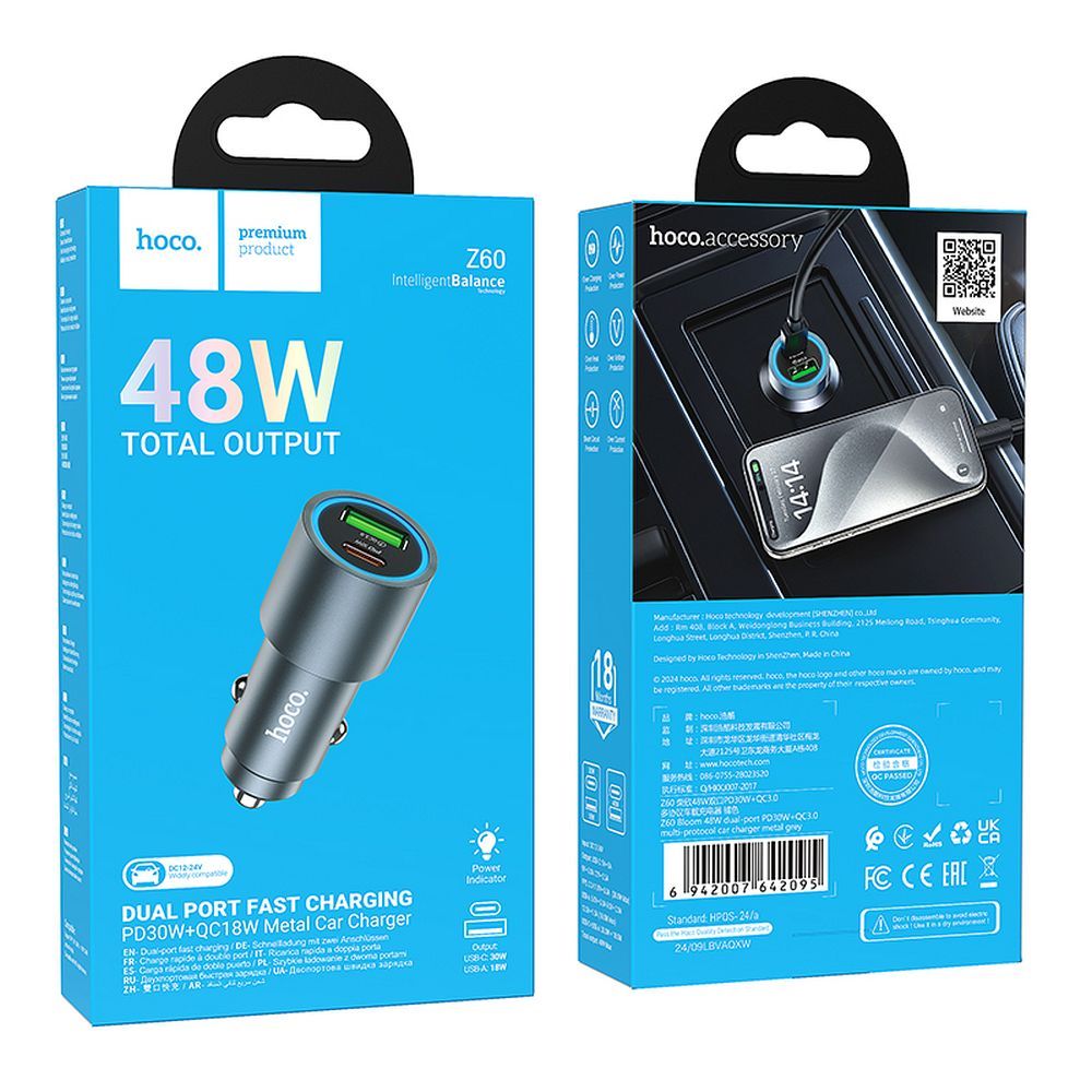 Auto-oplader HOCO Z60, 48W, 3A, 1 x USB-A - 1 x USB-C, Zwart