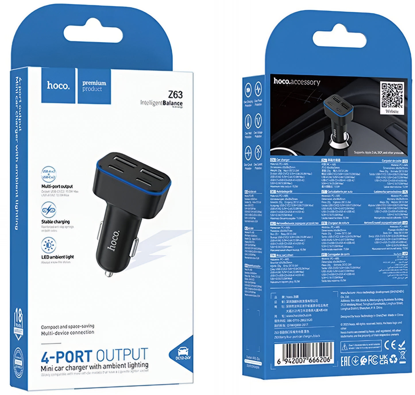 Auto-Ladegerät HOCO Z63, 42W, 3A, 2 x USB-A - 2 x USB-C, Schwarz