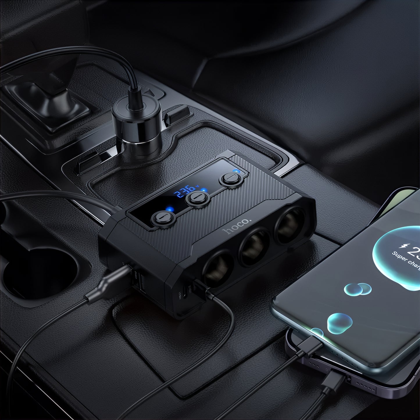 Auto-Ladegerät HOCO Z64, 15.5W, 3.1A, 2 x USB-A - 2 x USB-C - 3 x Zigarettenanzünder-Verlängerung, Schwarz