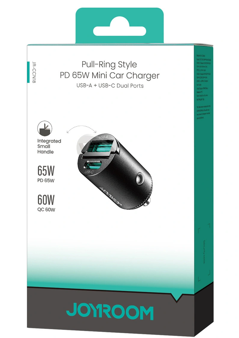 Auto-oplader Joyroom JR-CCN18, 65W, 1 x USB-A - 1 x USB-C, Zwart