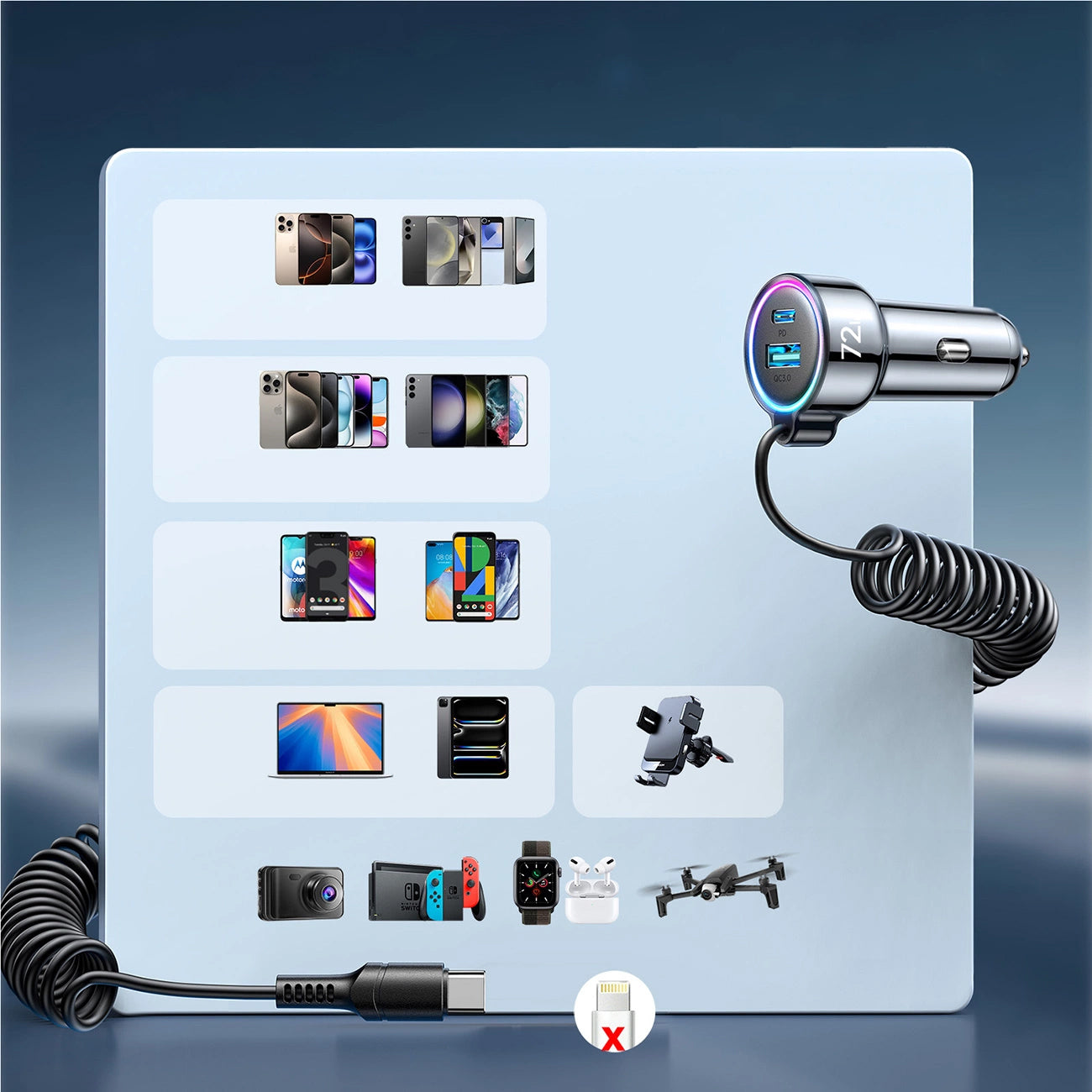 Auto-oplader met USB-C Draad Joyroom JR-CL07, 72W, 3A, 1 x USB-A - 1 x USB-C, Zwart
