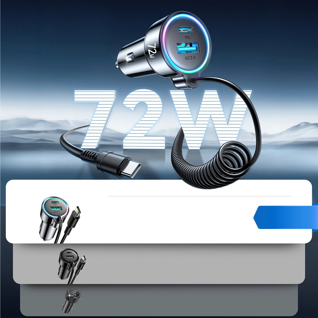 Auto-oplader met USB-C Draad Joyroom JR-CL07, 72W, 3A, 1 x USB-A - 1 x USB-C, Zwart