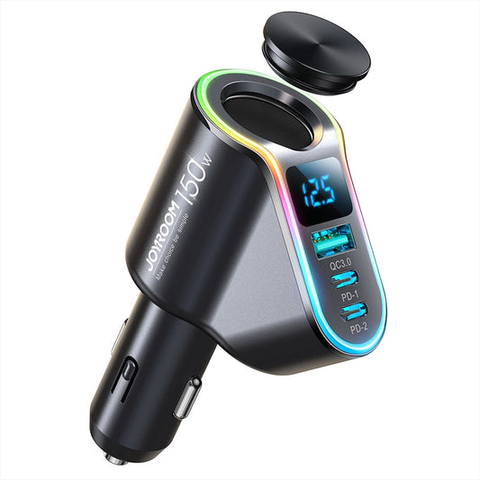 Auto-oplader Joyroom JR-CL21, 150W, 3A, 1 x Sigarettenaanstekeruitbreiding - 1 x USB-A - 2 x USB-C, Zwart
