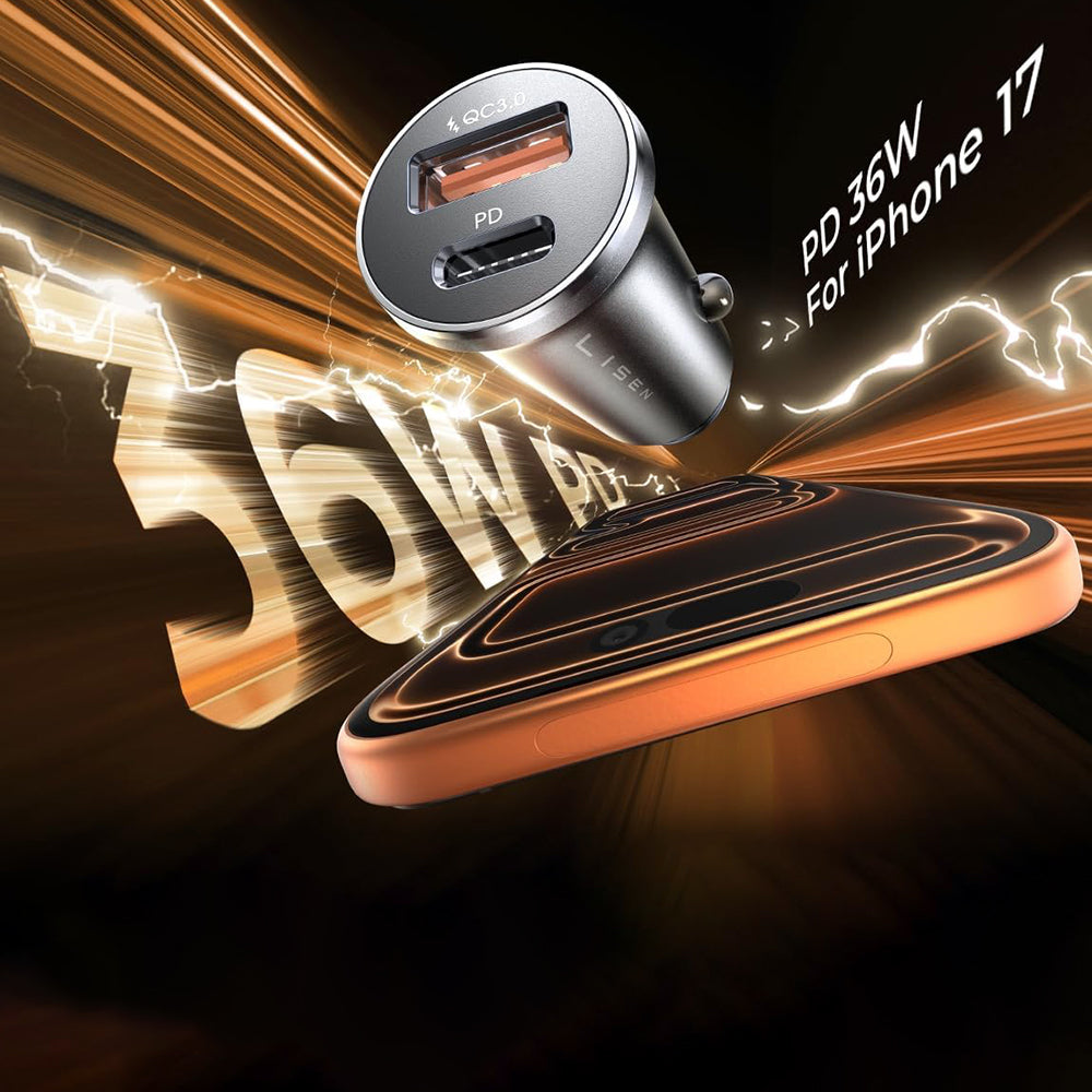 Lisen Auto Oplader, 36W, 3A, 1 x USB-A - 1 x USB-C, Zwart YL0223090002