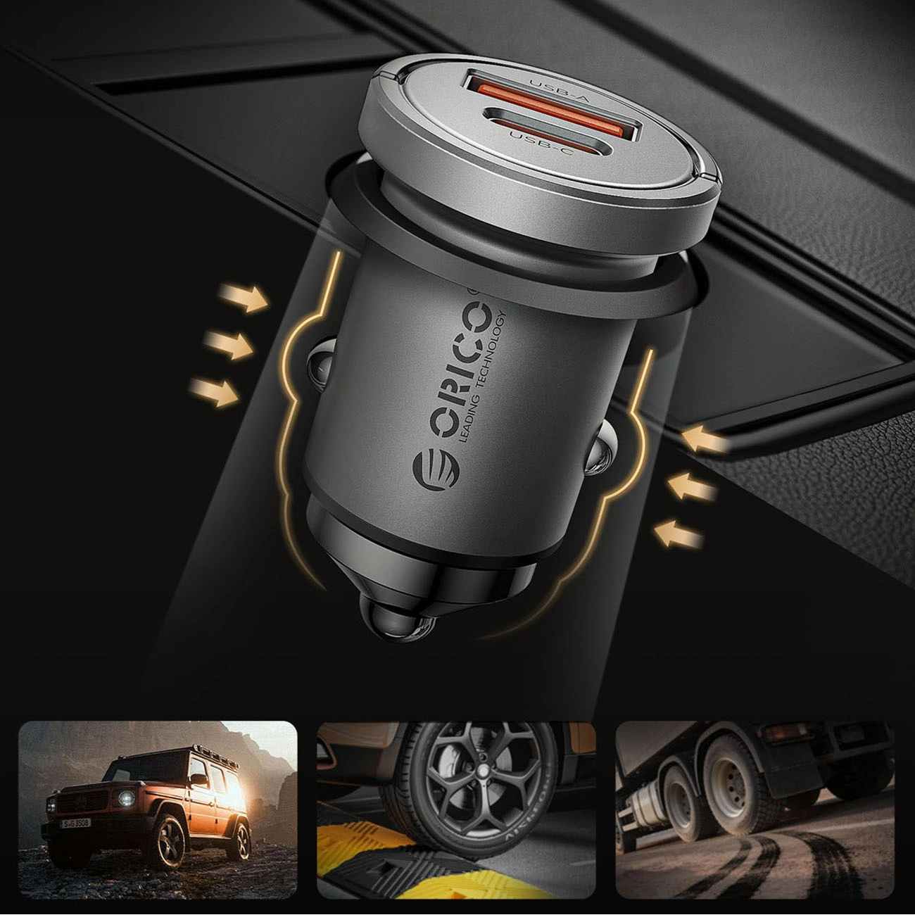 Orico MiniRing Pro Auto-Ladegerät, 45W, 3A, 1 x USB-A - 1 x USB-C, Silber