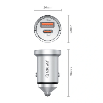 Orico MiniRing Pro Auto-Ladegerät, 45W, 3A, 1 x USB-A - 1 x USB-C, Silber