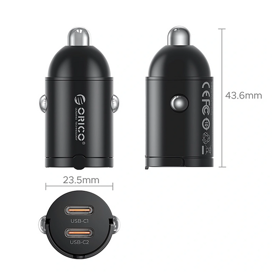 Chargeur Auto Orico MiniRing, 30W, 3A, 2 x USB-C, Noir