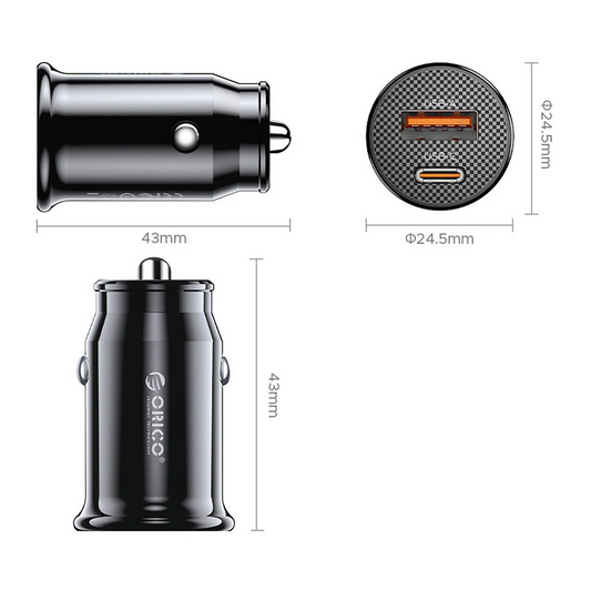 Orico PowerMini Autolader, 30W, 3A, 1 x USB-A - 1 x USB-C, Zwart