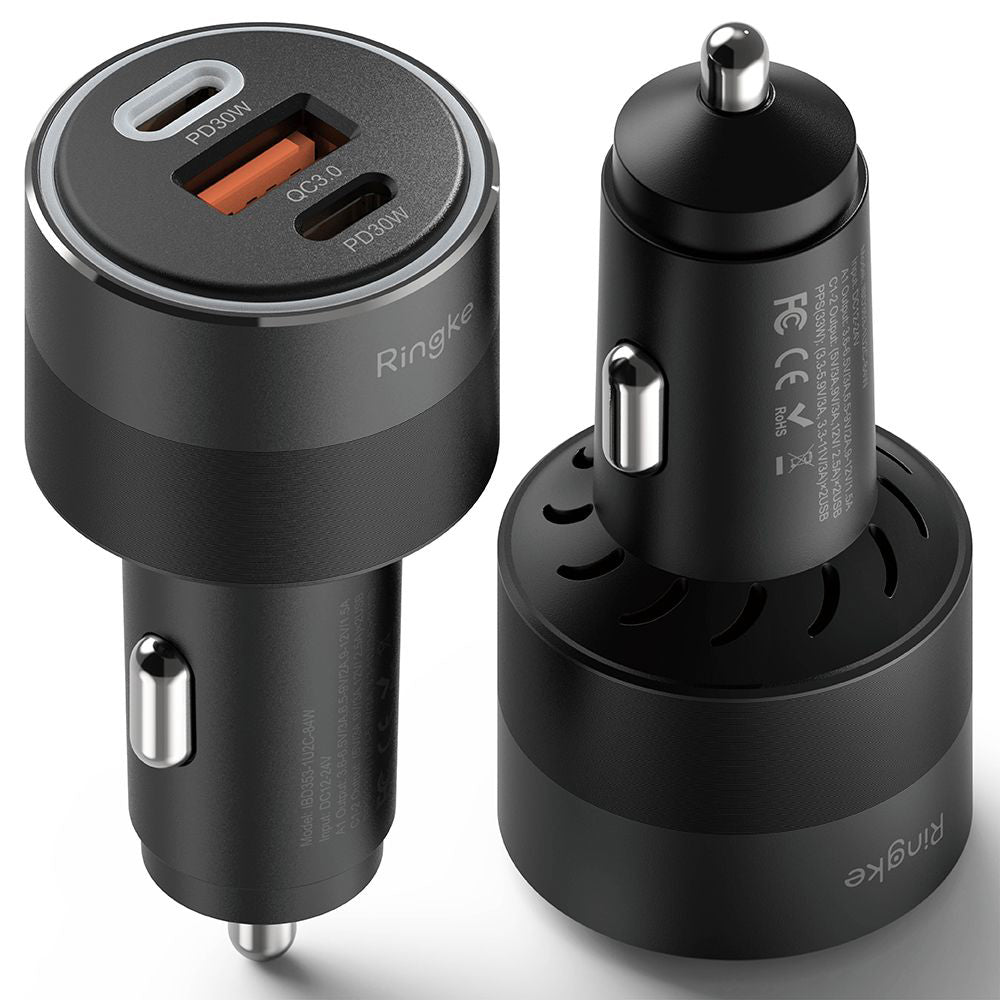 Auto-oplader Ringke, 30W, 3A, 1 x USB-A - 2 x USB-C, Zwart