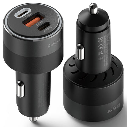 Auto-oplader Ringke, 30W, 3A, 1 x USB-A - 2 x USB-C, Zwart