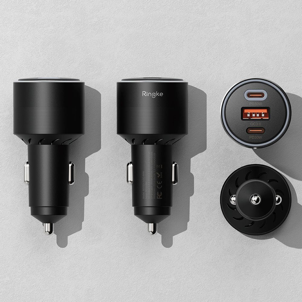 Auto-oplader Ringke, 30W, 3A, 1 x USB-A - 2 x USB-C, Zwart