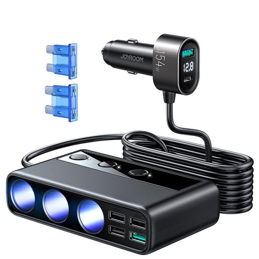 Joyroom Autolader JR-CL06, 154W, 3A, 1 x USB-C - 4 x Sigarettenaanstekerverlenging - 4 x USB-A, Zwart JYR058BLK JYR058BLK