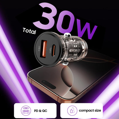 Auto-Ladegerät Tech-Protect CC01, 30W, 3A, 1 x USB-A - 1 x USB-C, Schwarz