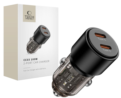 Auto-Ladegerät Tech-Protect CC03, 100W, 3,25A, 2 x USB-C, Schwarz