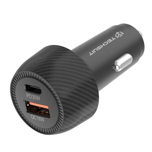 Auto-oplader Techsuit C7 CarbonVolt, 48W, 3A, 1 x USB-A - 1 x USB-C, Zwart